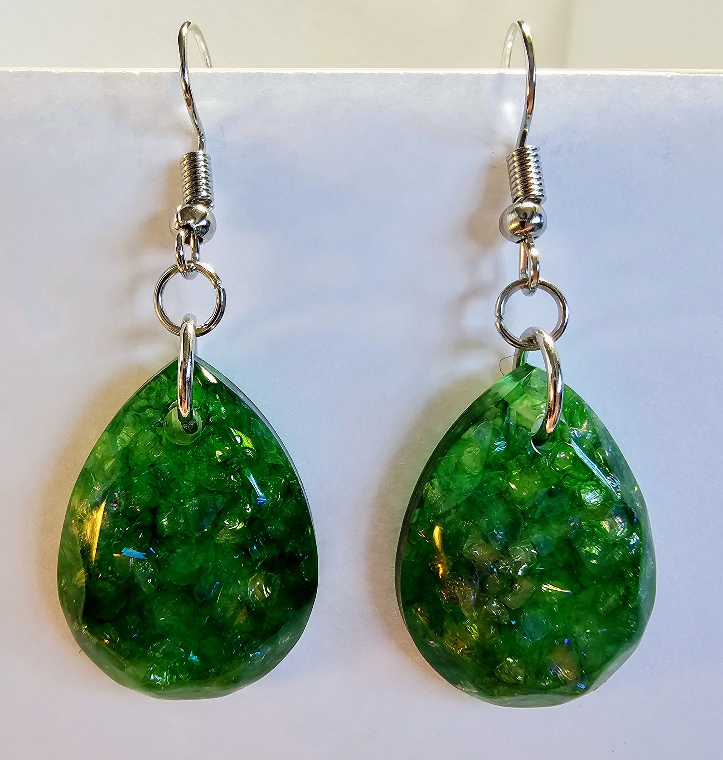 Emerald colored crushed glass earrings