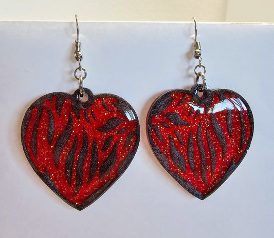 Zebra stripe red and gunmetal grey earrings with glitter